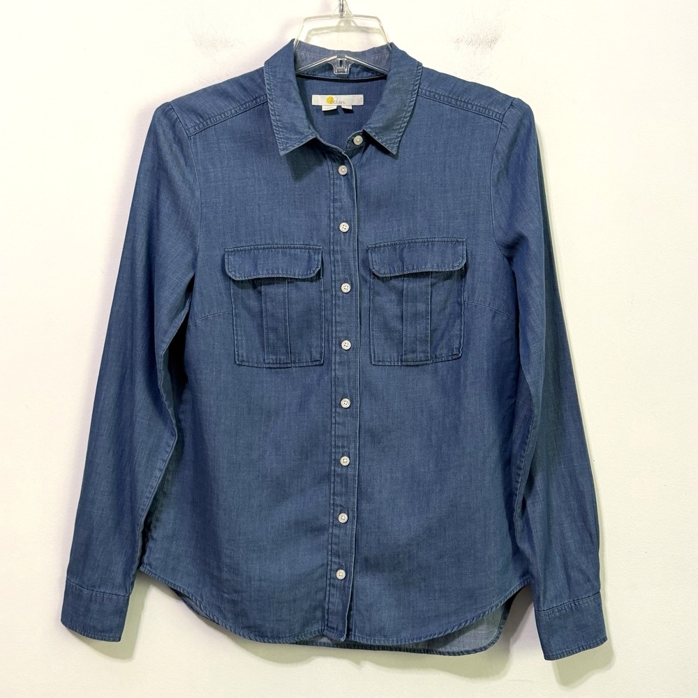 Boden Chambray Blouse Shirt 6R Blue Button Front Flap Pocket Long Sleeve Top